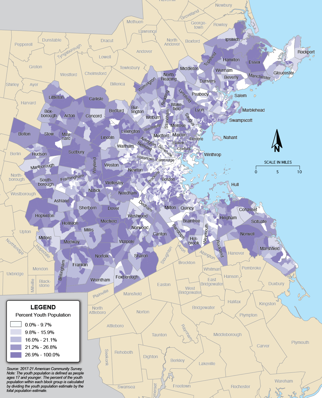 A map showing the percentage of the Youth Population in the Boston Region. A map showing the percentage of the Youth Population in the Boston Region.
